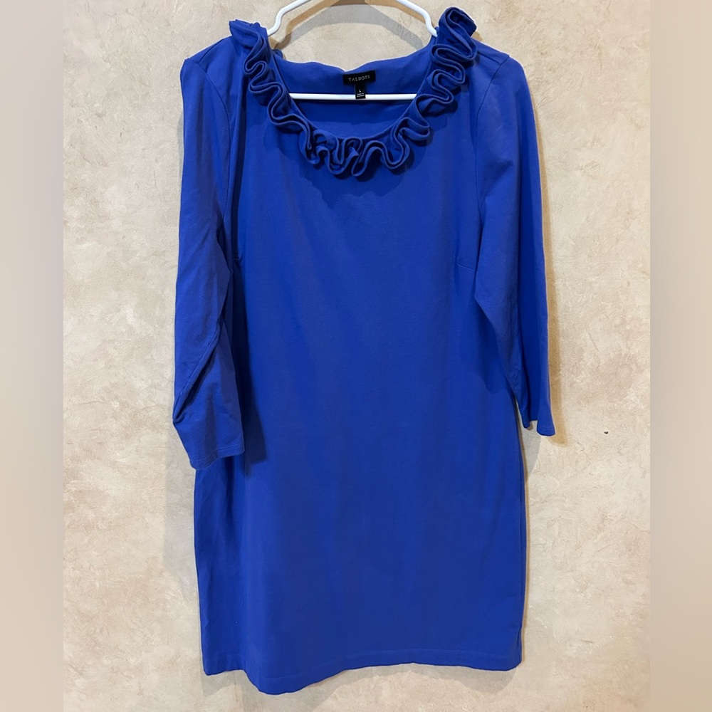 Talbots Royal Blue Long Sleeve knit heavyweight Dress ruffle lettuce neck large